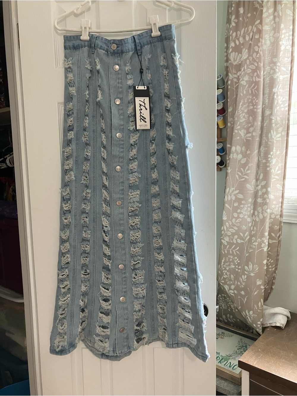 Thrills Light Blue Distressed Button-Front Denim Maxi Skirt
